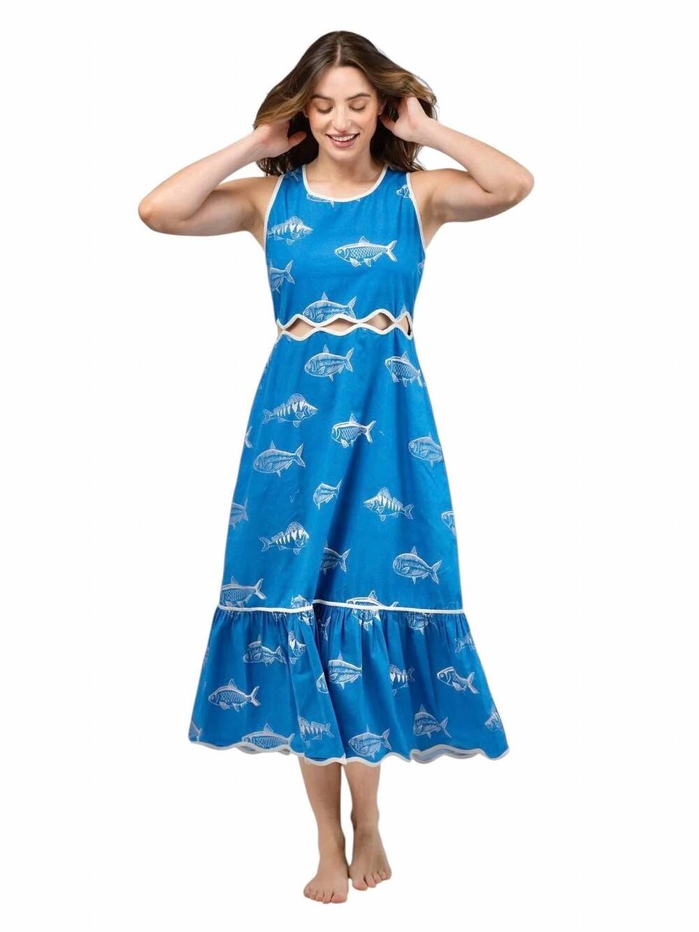 NEW BEAU & RO lina midi dress in blue fish